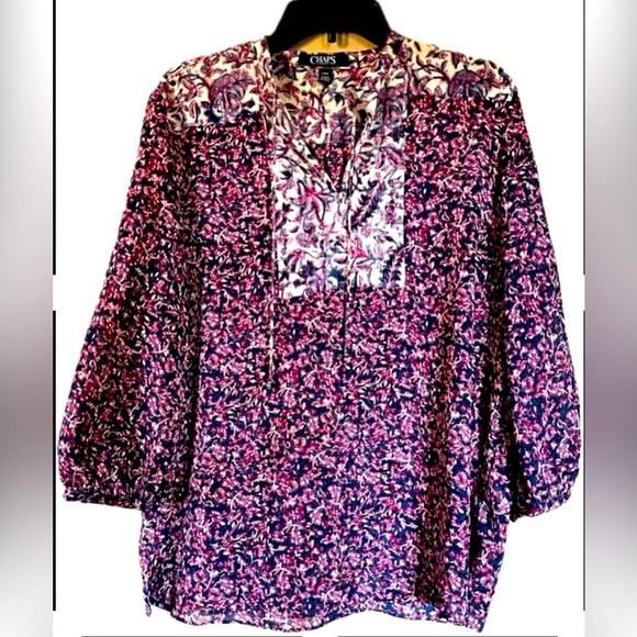 Chaps Blouse with Puff Sleeves and Mandarin Collar. Women’s size Large - Picture 1 of 9